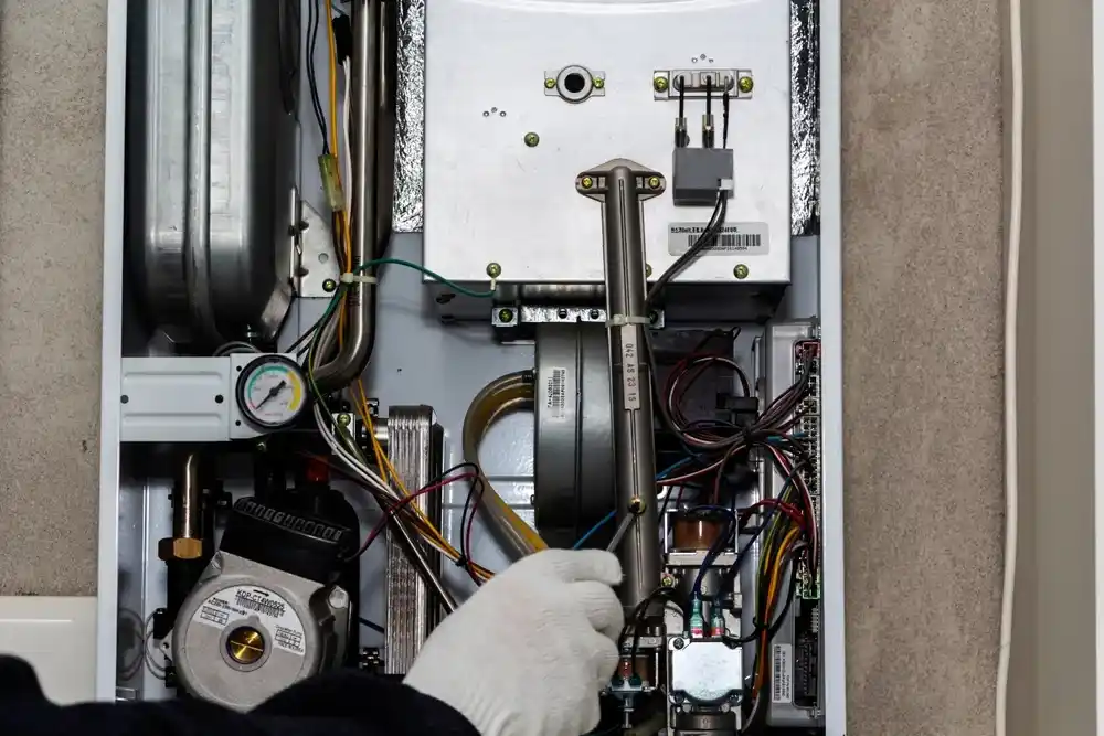 Technician performing routine maintenance on a residential furnace system to ensure optimal performance before winter.