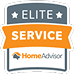HomeAdvisor Elite Service badge featuring a shield design with stars and the words 'Elite Service' in bold orange ribbon and the HomeAdvisor logo below.