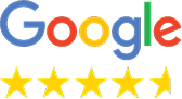 Google 5-star rating graphic showing the Google logo above five yellow stars.